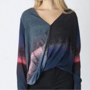 Derek Lam Navy Blue Textured V-Neck Blouse with Pink Speckle